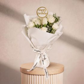 Simply White Rose Bouquet with HBD Stick